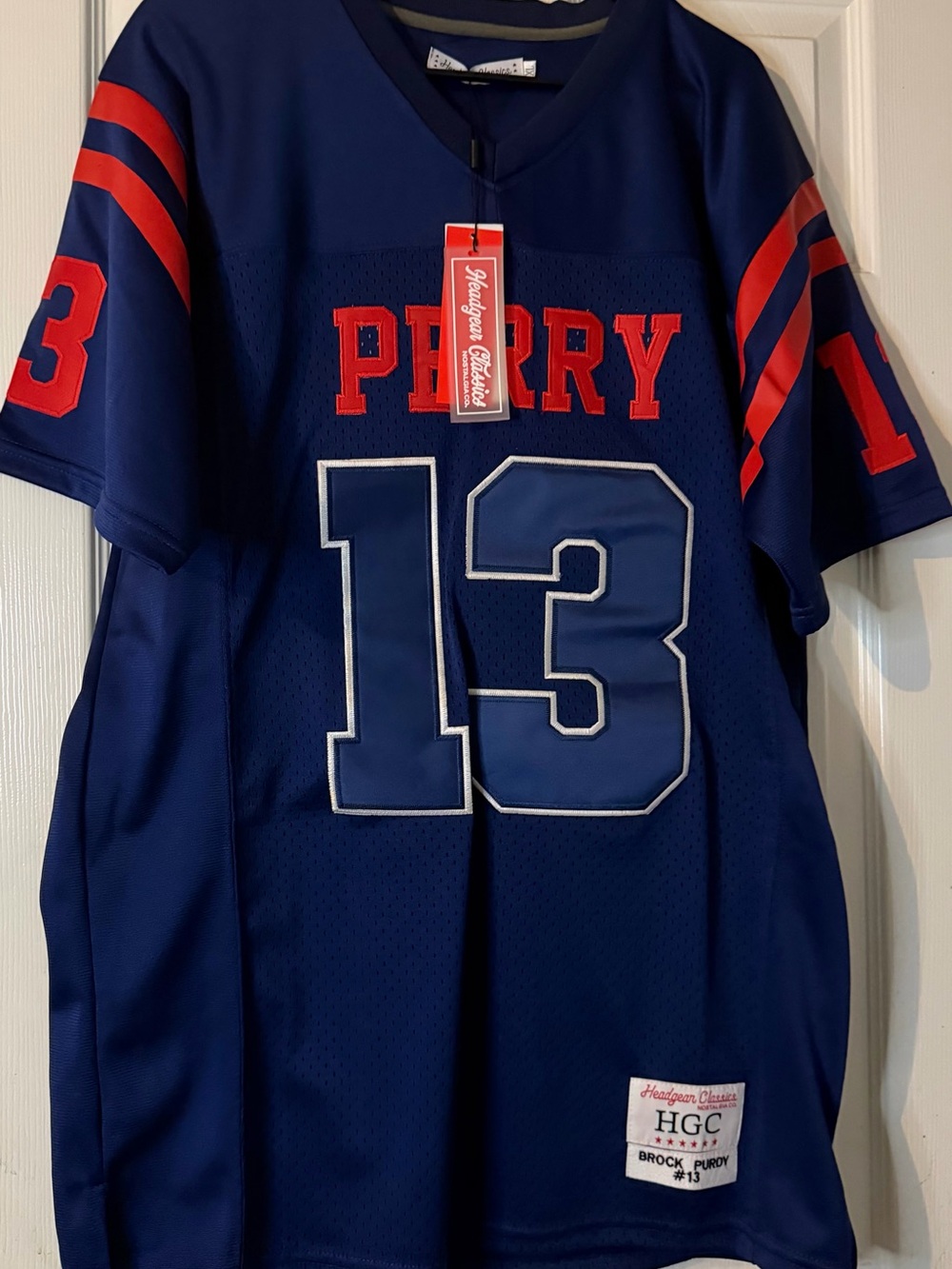 Brock Purdy high school football Navy Blue Jersey with Red Accents and Number 13